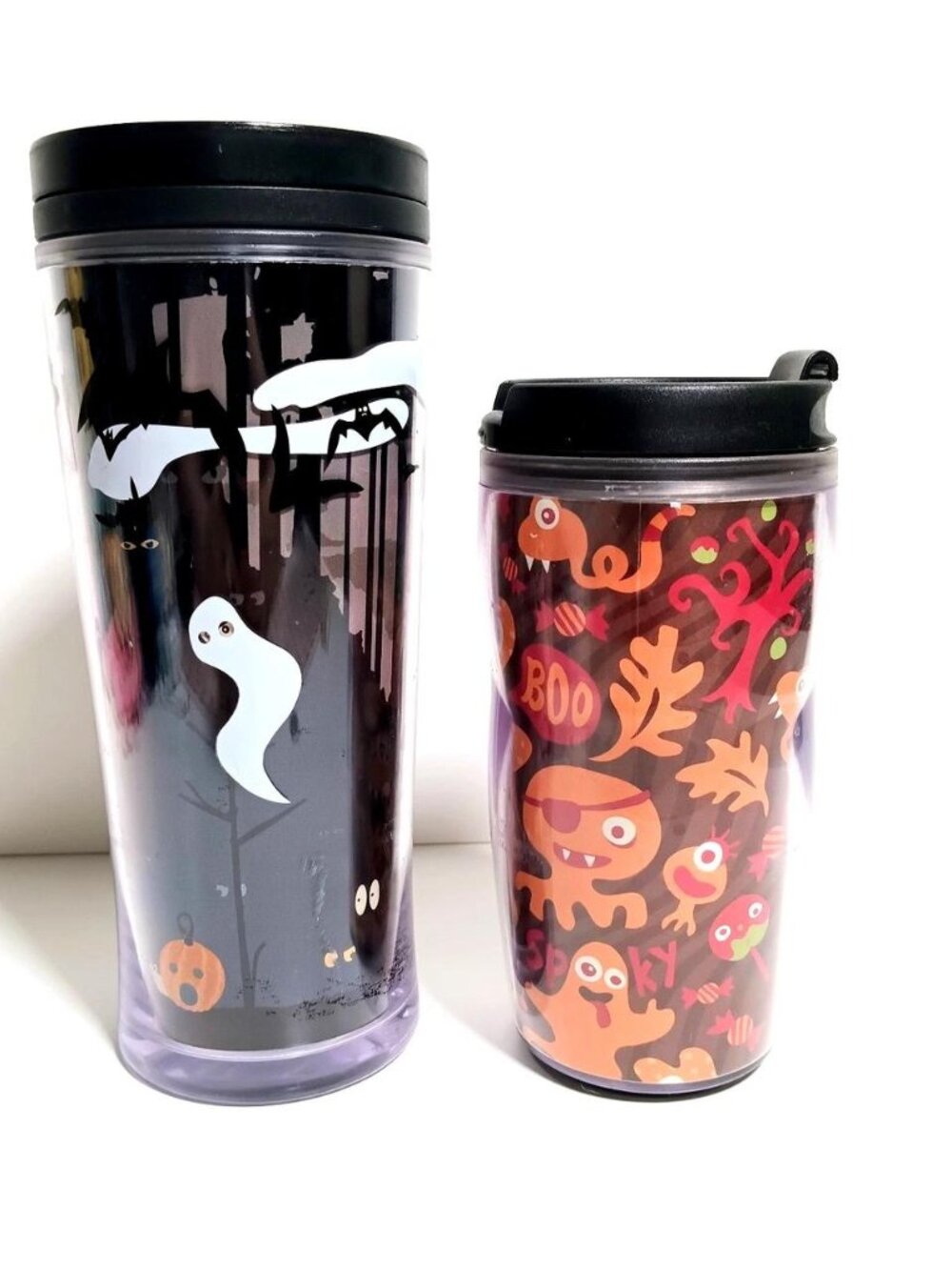 Vintage Starbucks Halloween Plastic Travel Mug Tumbler Ghost Pumpkin Monsters 2